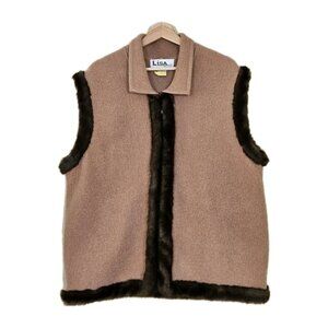 Lisa International Knit Vest Womens 2X Beige Boiled Wool Full Zip Faux Fur Vtg